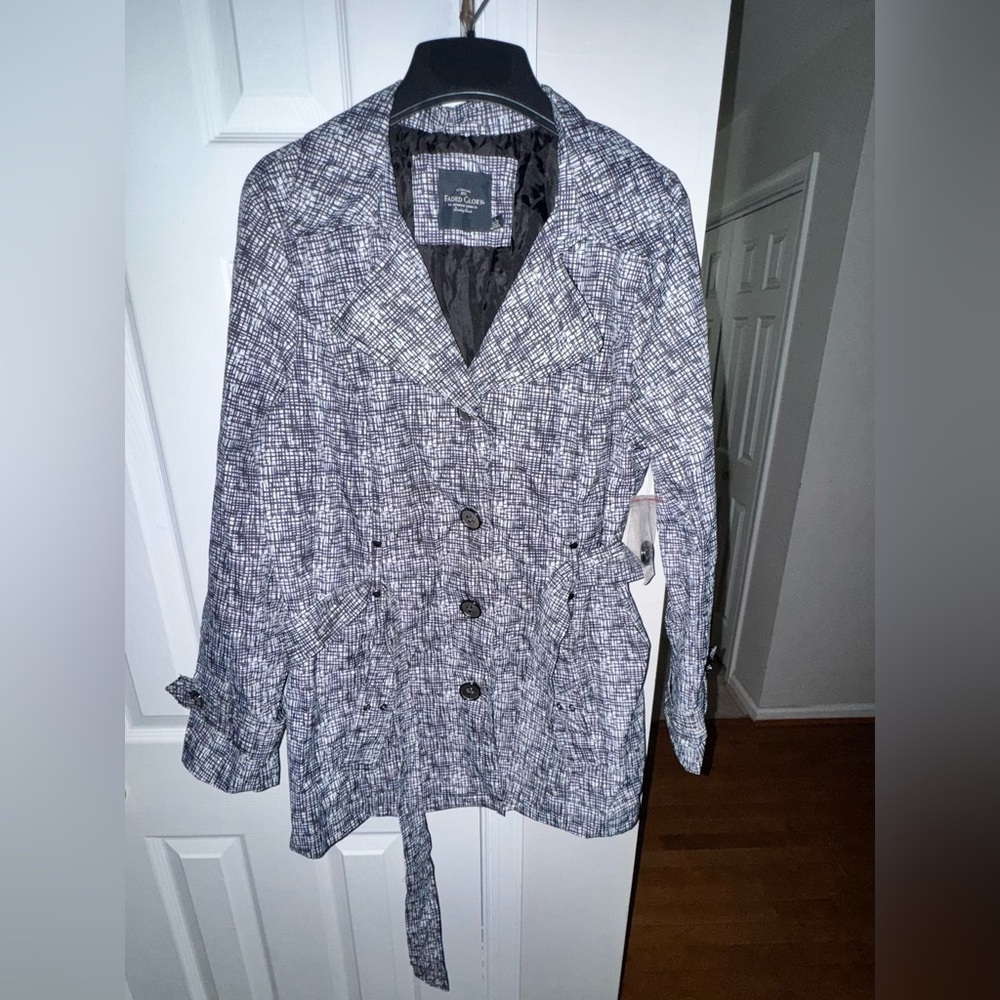 Faded Glory Women's L Black White Print Belted Lightweight Trench Coat Jacket - Picture 15 of 16